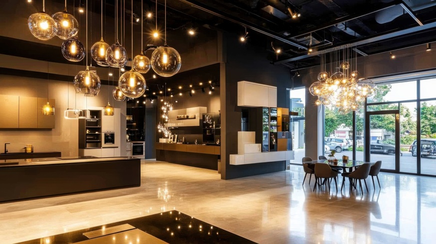 A stylish lighting showroom featuring modern pendant lights, chandeliers, and LED fixtures displayed in a sleek interior