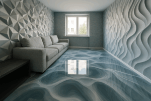 hyper realistická fotografie obývacího pokoje s moderní 3D tapetou na stěnách a epoxidovou 3D podlahou.