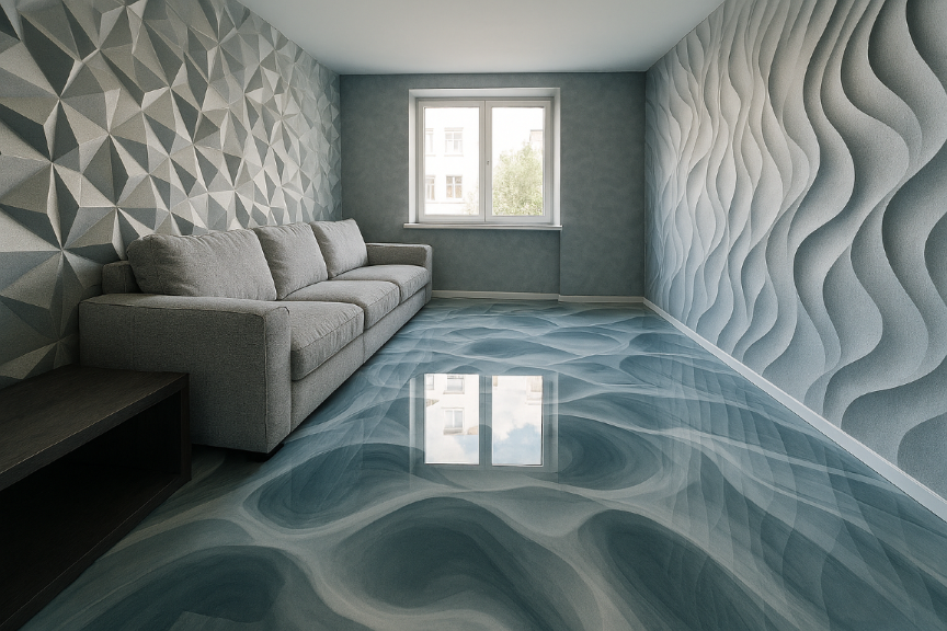 hyper realistická fotografie obývacího pokoje s moderní 3D tapetou na stěnách a epoxidovou 3D podlahou.