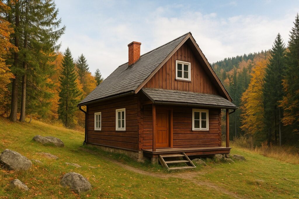 Dřevěná chata v podzimním lese