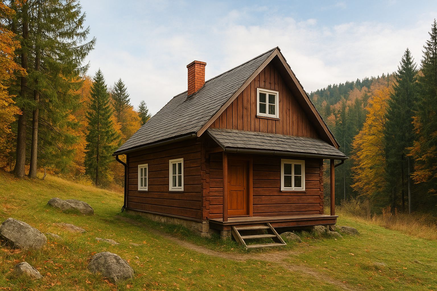 Dřevěná chata v podzimním lese