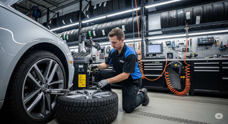 : Mechanik provádí odbornou výměnu letních pneumatik za zimní v autoservisu.