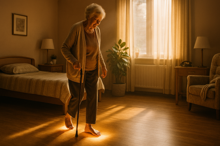 Seniorka kráčející po bezpečné smart podlaze v domově důchodců.