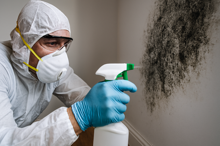 Muž v ochranných pomůckách ukazuje, jak se zbavit plísně v bytě bezpečným způsobem pomocí spreje.