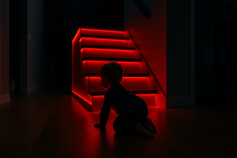 Varovné rozsvícení smart podlahy před schodištěm při detekci dítěte.