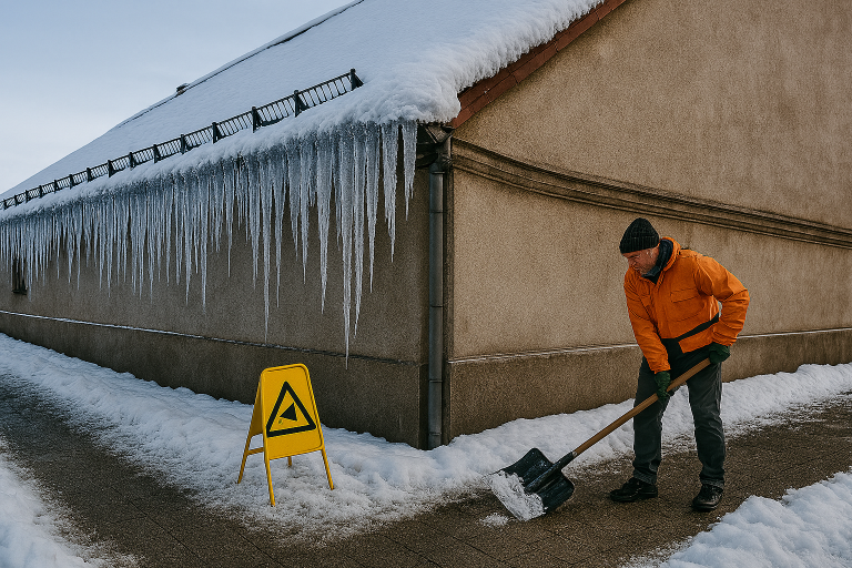 Nebezpečné rampouchy a sníh na střeše domu nad chodníkem, ilustrující potřebu včasného odklízení sněhu a rizika.