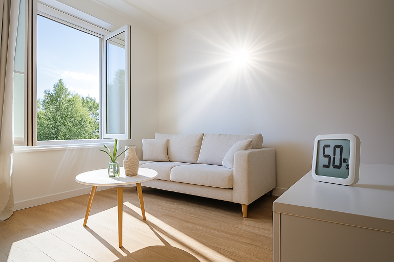 Světlý pokoj s otevřeným oknem a vlhkoměrem jako ukázka prevence a klíčový krok k tomu, jak se zbavit plísně v bytě.