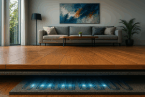 Detailní řez vrstvami podlahy ukazující umístění senzorů smart podlahy pod dřevem.