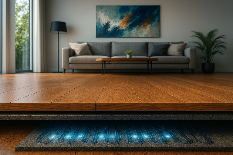 Detailní řez vrstvami podlahy ukazující umístění senzorů smart podlahy pod dřevem.